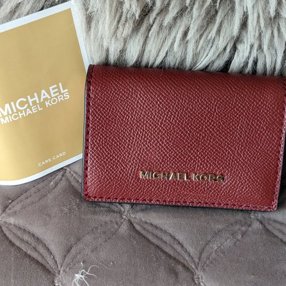 NWT Michael Kors Jet Set small Flap Card Case brandy/pink leather - Picture 2 of 6